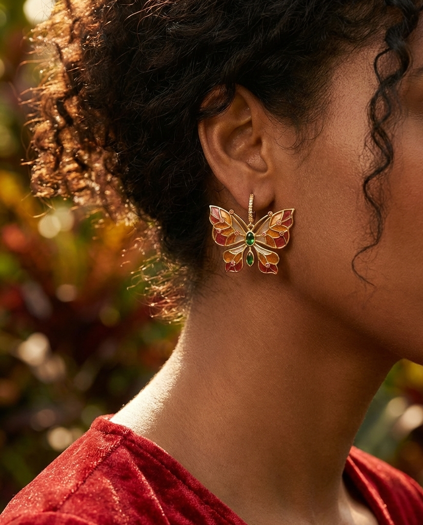 Close-up of a woman wearing a colorful butterfly earring with a blurred natural background